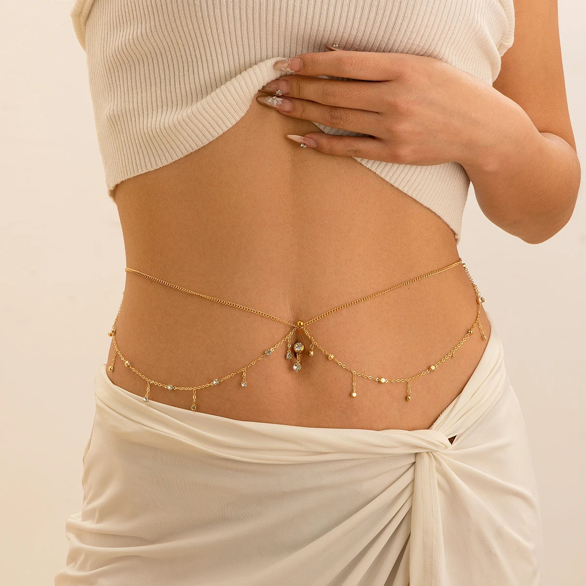 IngeSight.Z Simple Gold Color Stainless Steel Waist Chain for Women Classic Zircon Pendant Sexy Double Layer Body Chain Jewelry 250716