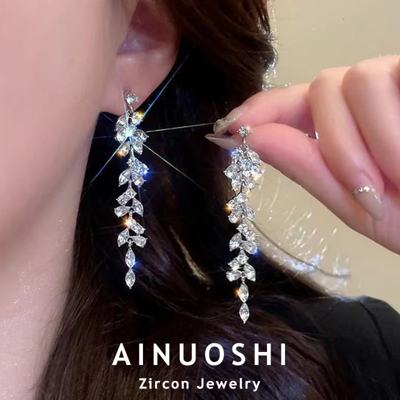 AINUOSHI Maple Leaf Zircon Tassel Long Earrings For Women 925 Sterling Silver Shiny Rhinestone Drop Earrings Party Jewelry Gift 250716
