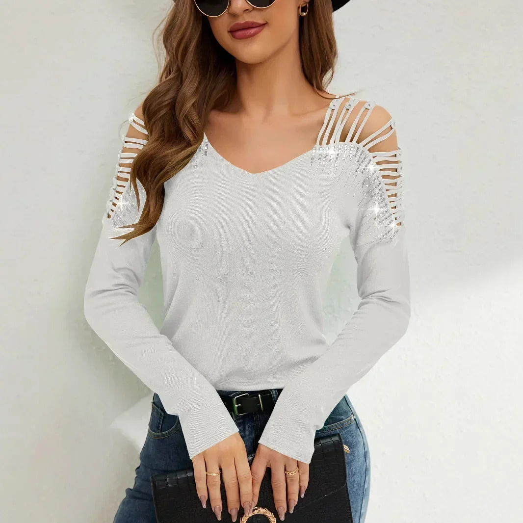 Lace splicing rhinestone V-neck long sleeved womens T-shirt sports womens round neck hollowed out shoulder long sleeved shirt 250714
