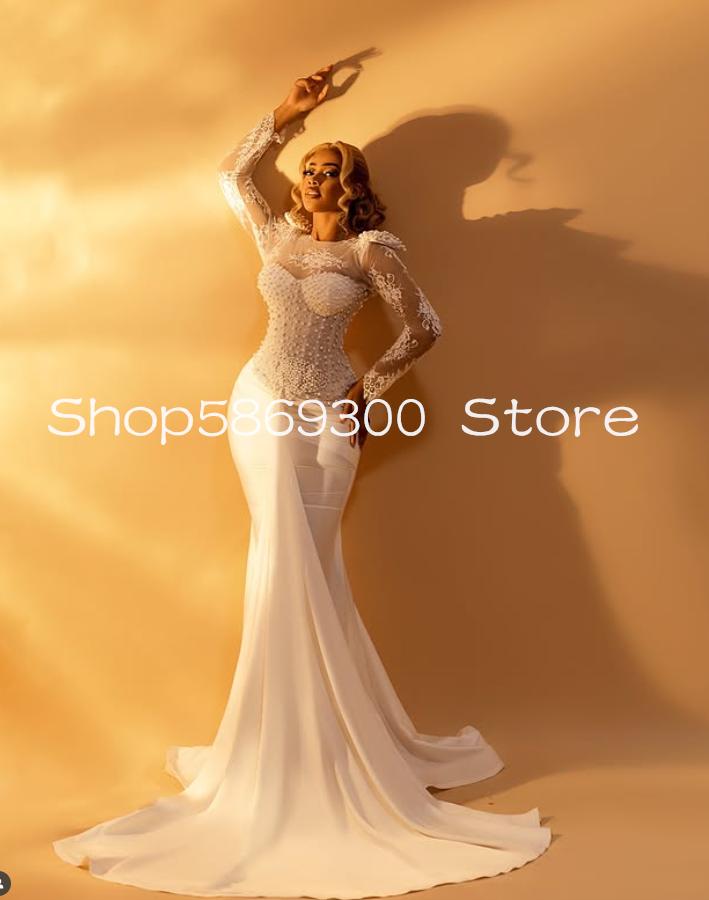 Ruched Chiffon Mermaid African Prom Formal Dresses Illusion Long Sleeve Lace Pearls Boning Top Aso Ebi Evening Gown Customsized