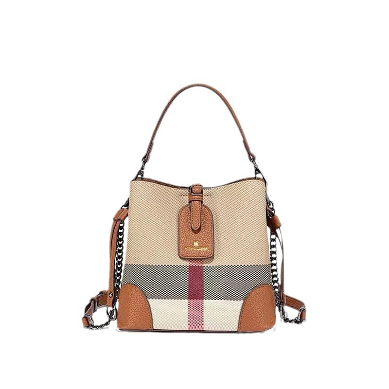 Meng Li Sha New Plaid Chain Bucket Bag Women's Handbag Free Shipping Designer Luxury Single Shoulder Crossbody Bag Leisure Shopping Bag