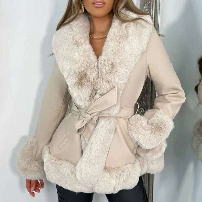 Lamuusaa Jacket Women Y2k Clothing Artificial Fur Collar V Neck Long Sleeve PU Leather Coat With Belt 2000S Clothes Outerwear