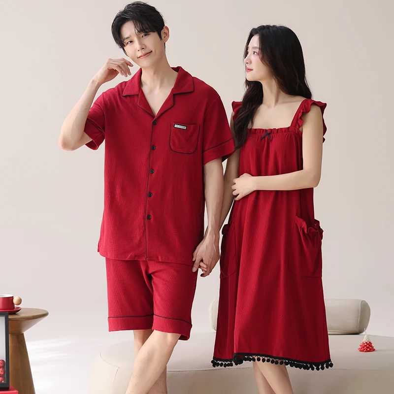 Pajamas Lovers Festive Red Color Fashion Men Short Sleeve Shorts Cardigan Pajamas Sets Summer Sling Nightgowns For Young Female W250717