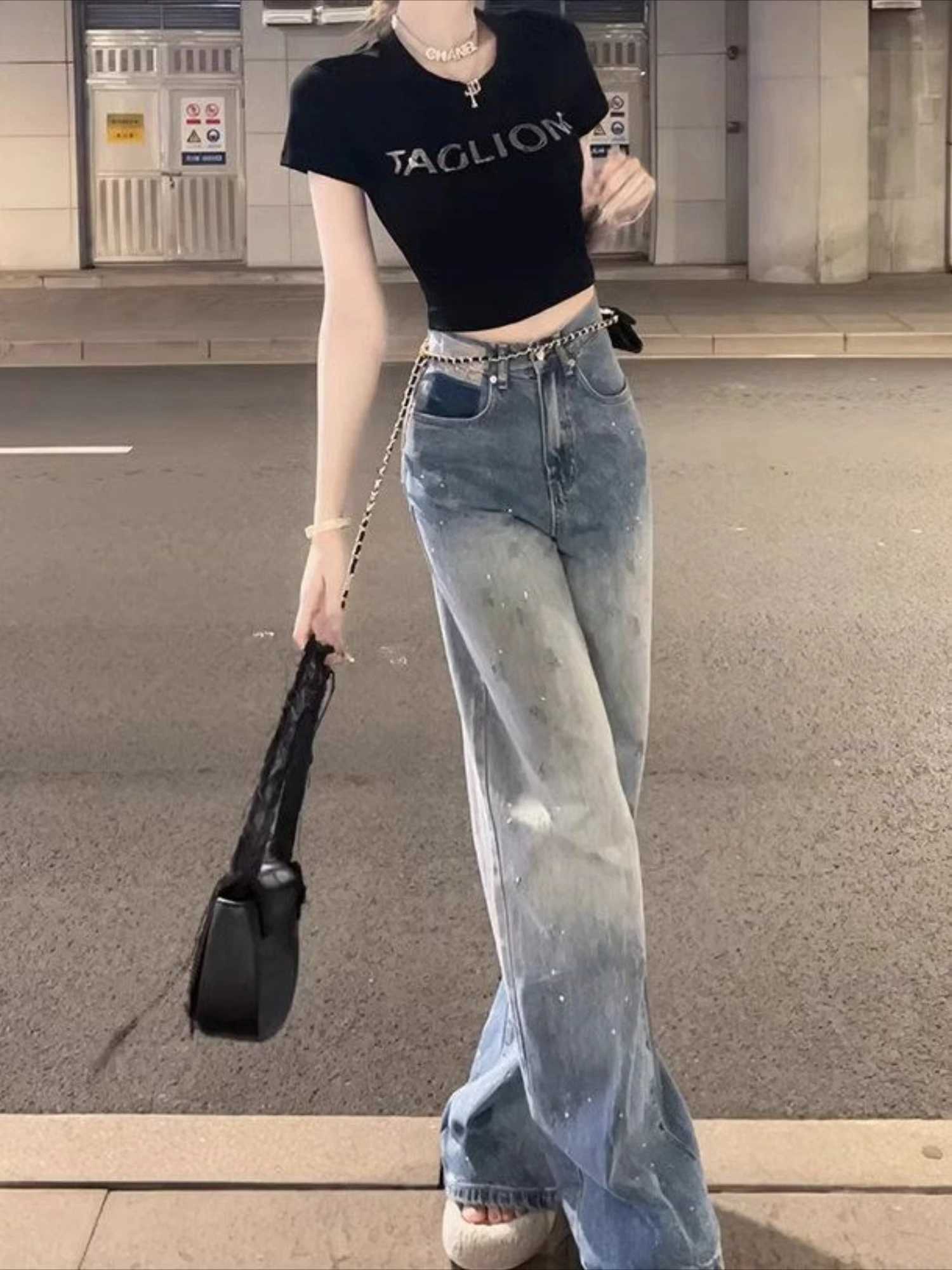 Blue Womens Jeans High Waist Shot Denim Pants for Women Straight Leg Trousers Stylish Wholesale Medium Wash Trend 2025 Original R250716
