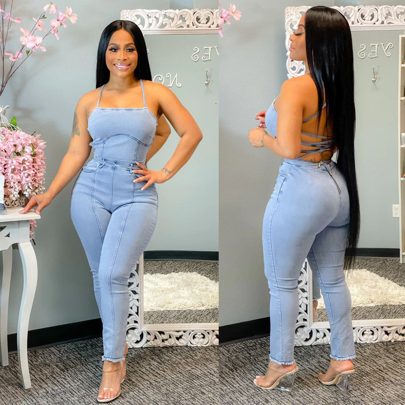 6060 new casual fashion slim open back bandage denim Jumpsuit