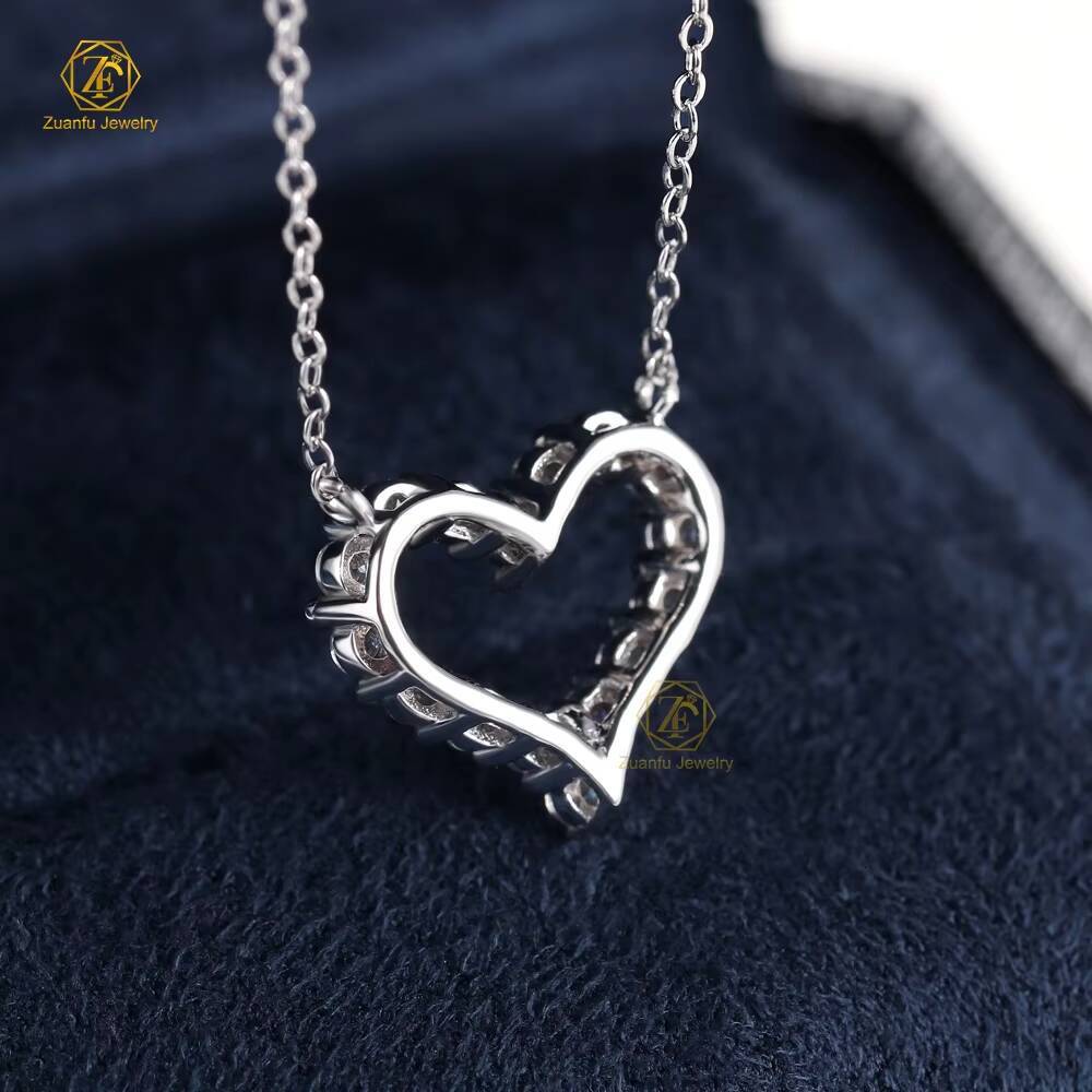 Trendy 2mm Iced Out Moissanite 925 Silver Plated Hollow Heart Pendant Necklace Romantic Jewelry for Girls