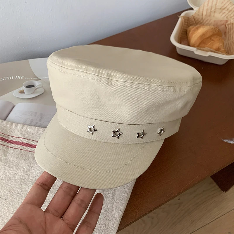 Star Hole Black Berets for Women Summer Autumn Outdoor Casual Sun Protection Versatile Personality Flat Top sboy Hats 250716