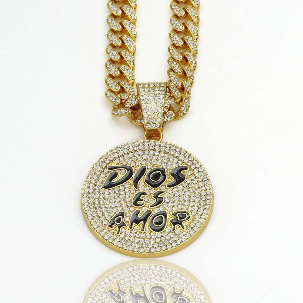Inlaid Dia Oil Drop Round Pendant Exaggerated Personality Alloy Cuban Chain Fashion Creative English Letter Necklace