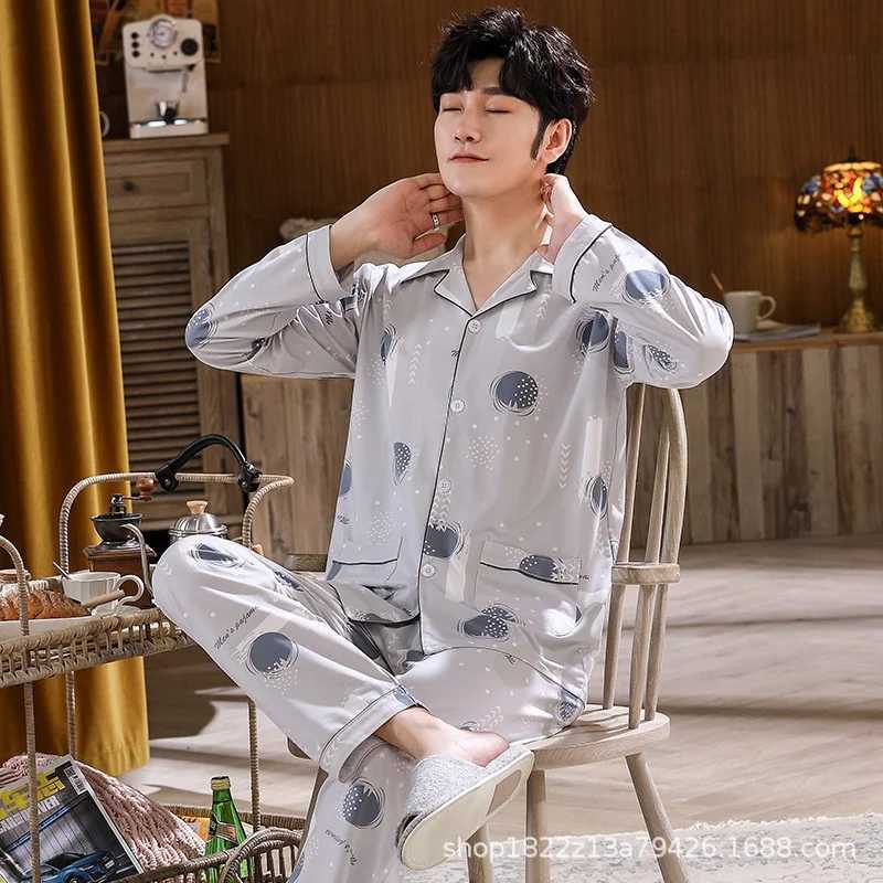 Mens Pajamas Long-sleeved Cardigan Print Pajamas Sleepwear Set Home Wear Men Nightwear Pajamas Sleep Tops W250717