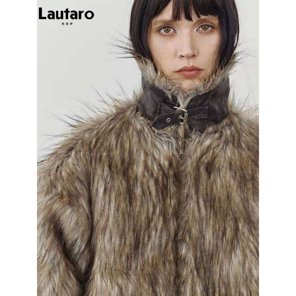 Designer Clothing Lautaro Autumn Winter Short Warm Thick Hairy Shaggy Patchwork Faux Raccoon Dog Fur Coat Women Zipper Fluffy Jacket 2024 Fashion