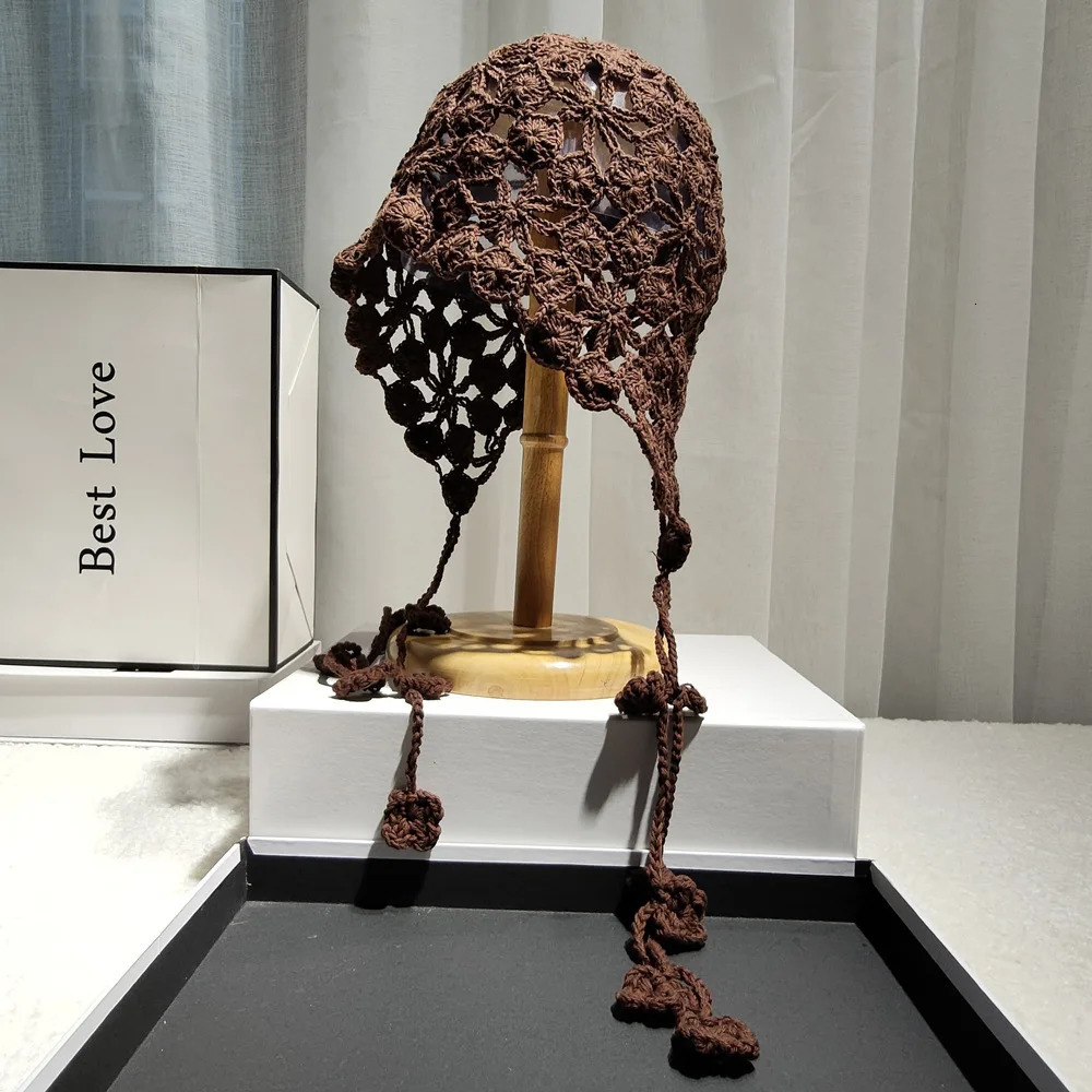 Handmade Hollow Out Crochet Knit Women Beanie Cap with Braid Summer Breathable Flower Berets Casual Pullover Skullies Hat Female 250717