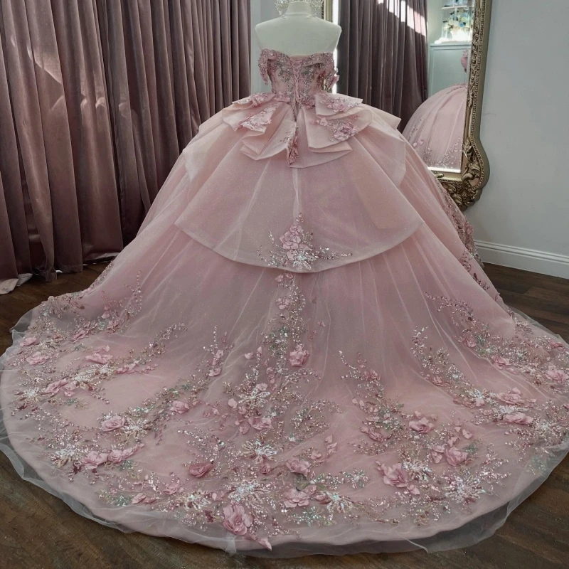 Pink Shiny Quinceanera Dresses Ball Gown Off The Shoulder Sequin Applique Flower Beading Crystal Tull Sweet 16 Dress Vestidos 15
