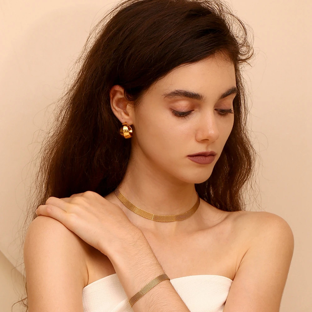 E.B.belle 3 Layers Gold Plating Stainless Steel Anti-allergy Eco-friendly Wide Braided Mesh Chain Gold Choker Necklace For Women 250717