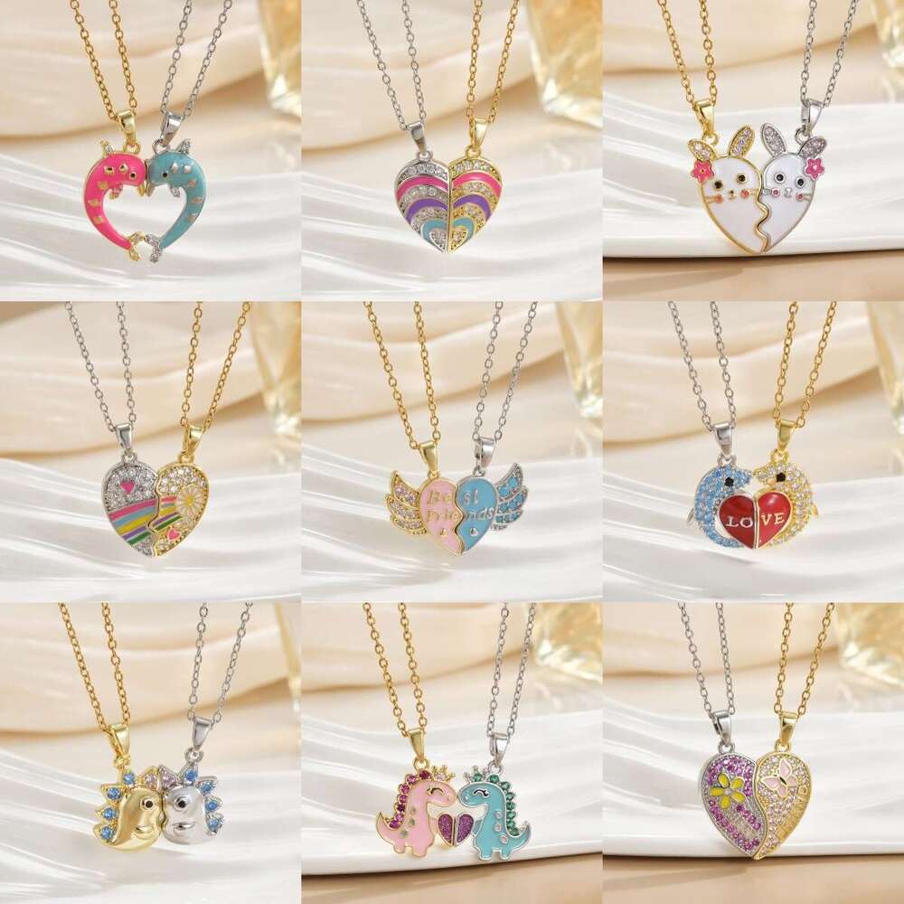 New Copper Gold-Plated Good Friends Cartoon Rainbow Heart Magnetic Creative Necklace, Connectable Clavicle Chain C79