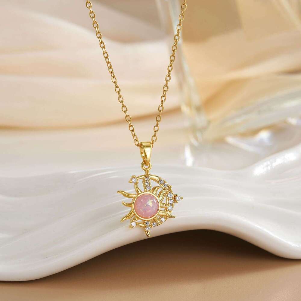 Gold-Plated Copper Opal Temperature-Sensitive Sun And Moon Pendant Micro-Paved Zirconia Titanium Steel Necklace 862