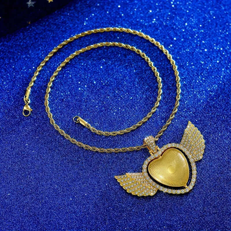 Angel Wings Heart-shaped Dia-studded Rotating Pendant Single-sided Alloy Creative Personality Necklace