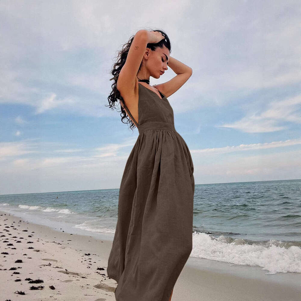 Pure Cotton V-Neck Strap For Women Spring New Elegant Sexy Tie Backless Dress B5