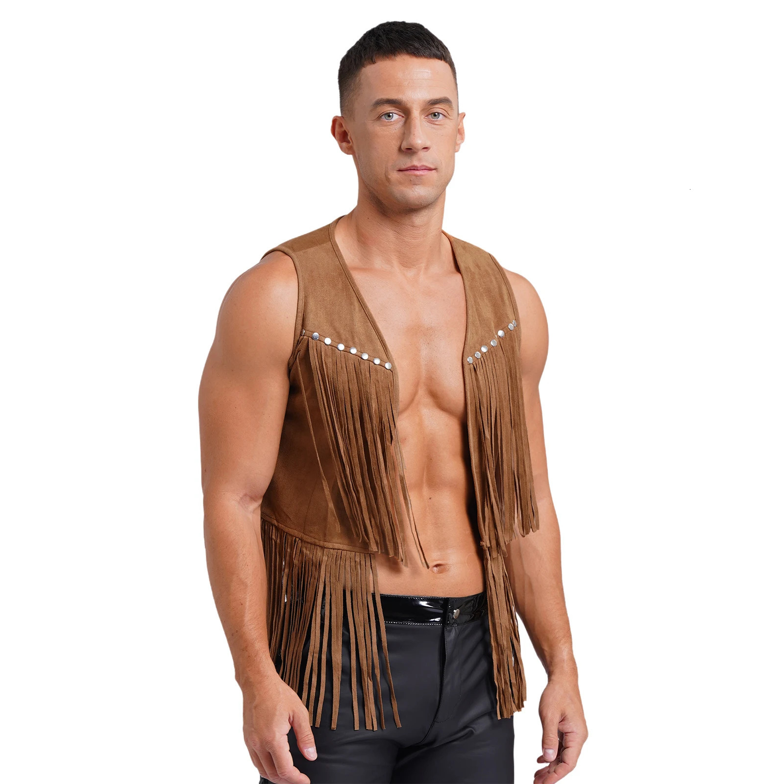 Men Fringe Vest Brown Leather Suede Vest Tassels Vintage Western Cowboy Vest Cardigan Waistcoat Jacket Halloween Cosplay Clothes 250717