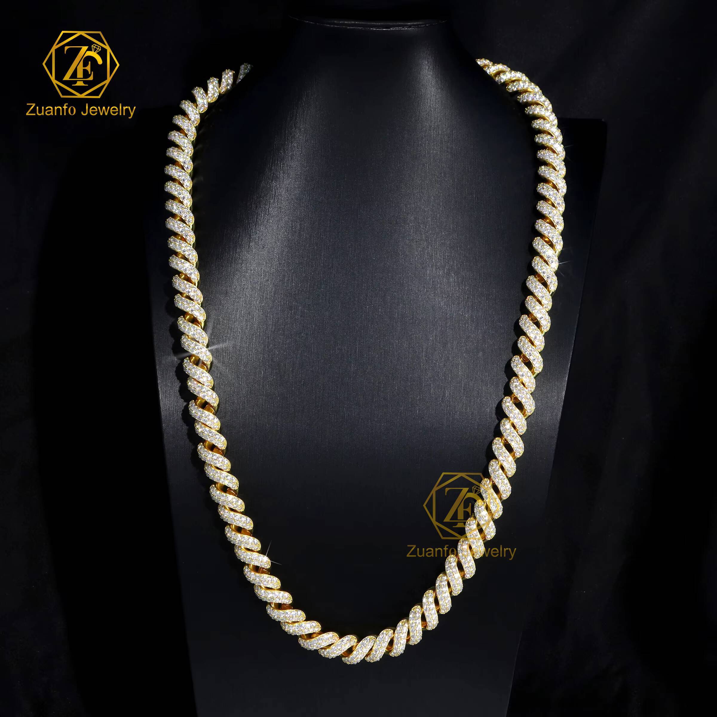 Wholesale Moissanite Chain for Men 12mm Width 28inches S925 Yellow Gold Plated VVS Moissanite Diamond Cuban Link Chain Necklace