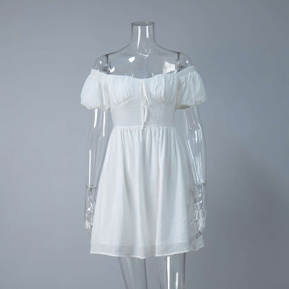 Off-Shoulder Summer New Tie Waist Short Puff Sleeve Dress B5