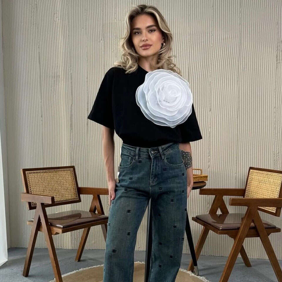 Ins Style Loose T-Shirt For Women With 3D Mesh Camellia Pure Cotton Short Sleeve Top B5