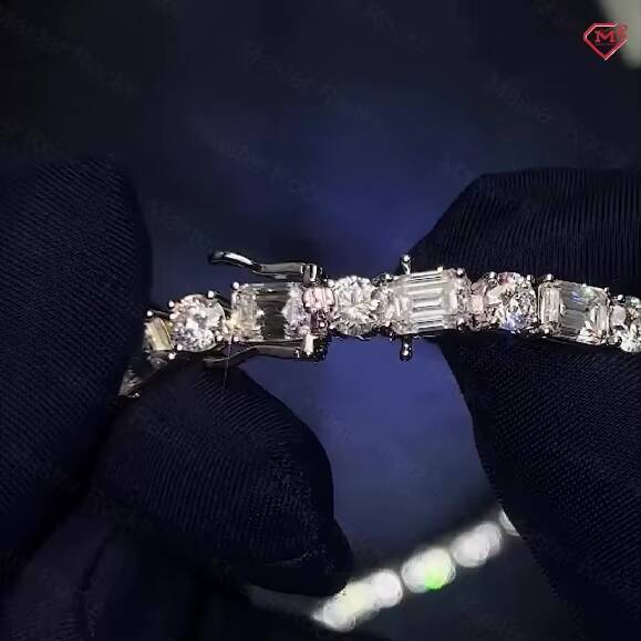 Hiphop Tennis Chain 925 Sterling Silver White Gold Plated Round and Baguette Cut VVS Moissanite Tennis Chain