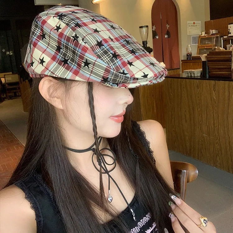 Womens Cute Hat Sweet Cool Style Japanese Star Heckered Childrens Retro Y2K Beret Versatile Artists Hat Trend Nice Ladies Cap 250716