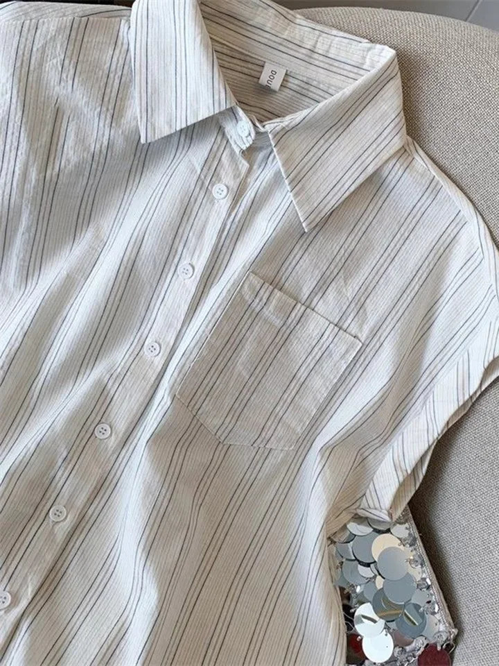 Jmprs Casual Striped White Shirt Women Vintage Loose Simple Flying Sleeve Korean Blouse Summer All Match Female Retro Tops 250704