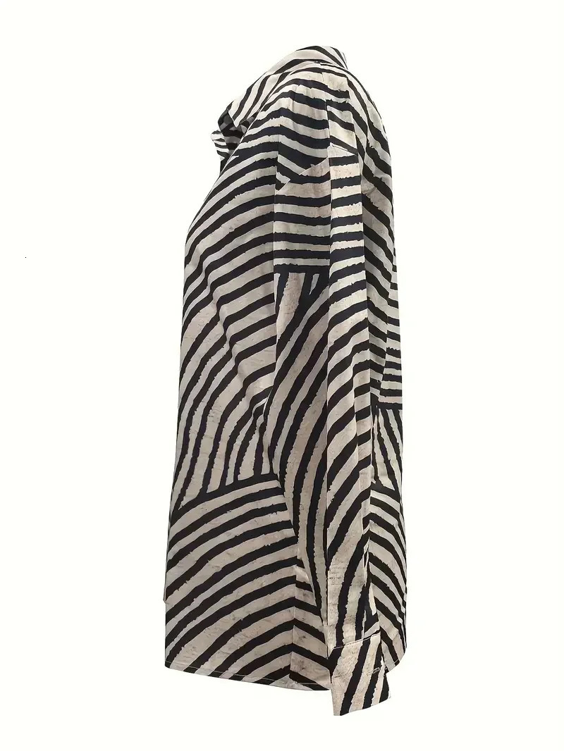 Plus Size 1XL5XL Womens Fashion Chic Zebra Print Blouse Ladies Casual Long Sleeve ButtonUp with Lapel Collar Shirt 250704