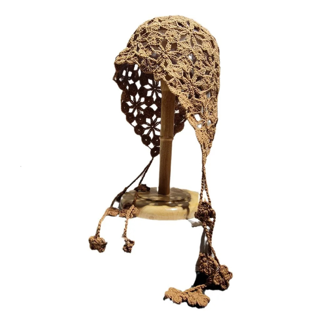 Handmade Hollow Out Crochet Knit Women Beanie Cap with Braid Summer Breathable Flower Berets Casual Pullover Skullies Hat Female 250717