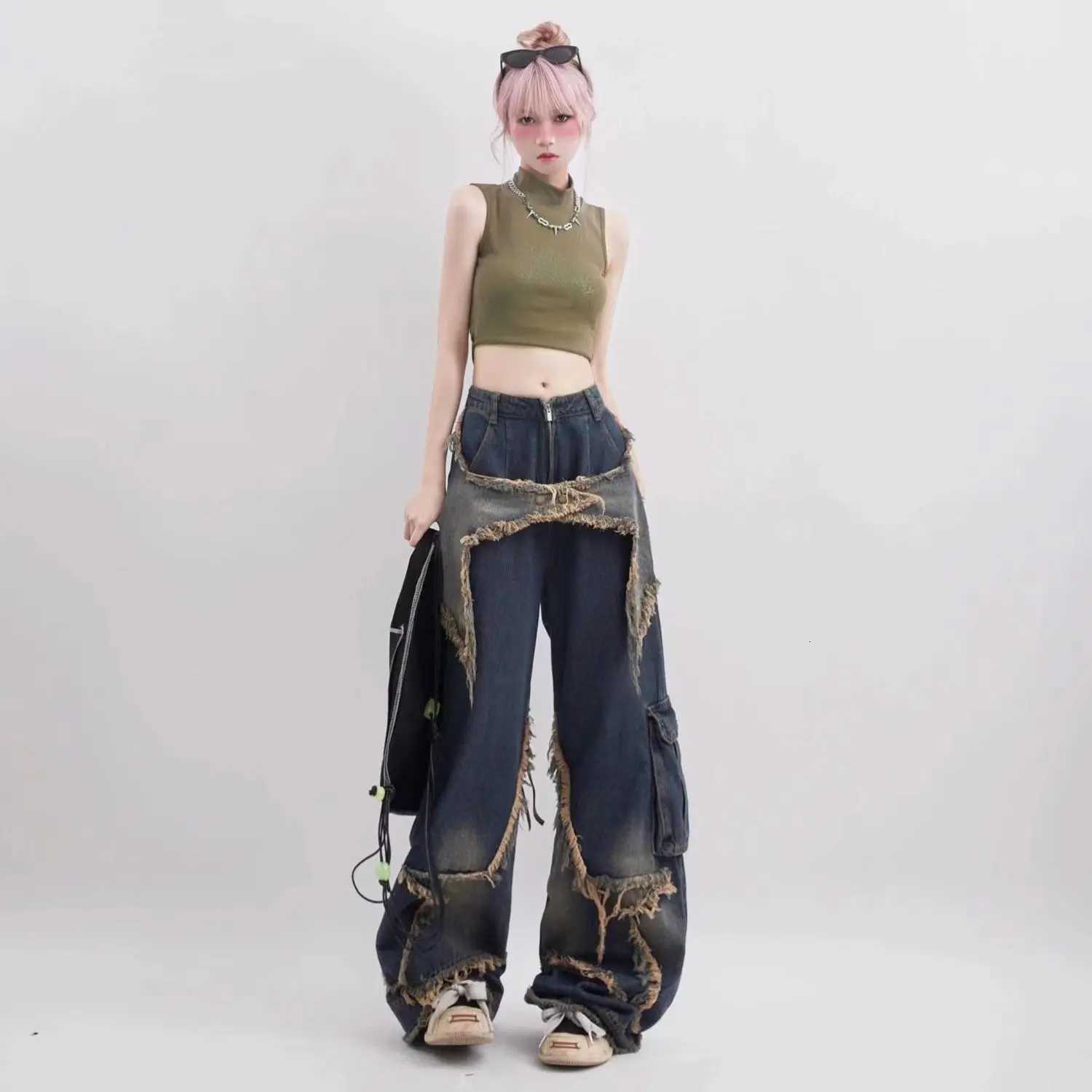 New American Vintage Washed Five-Point Star Frayed Hem Jeans for Women High Street Niche Oversized Straight Leg Long Pants R250716