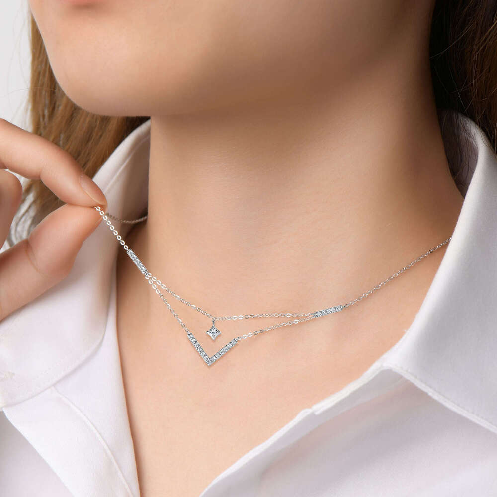 Double Layer Stacked V-Shaped Moissanite Necklace For Women Versatile Niche Design Ins Style Pure Sier Clavicle Chain Cf2