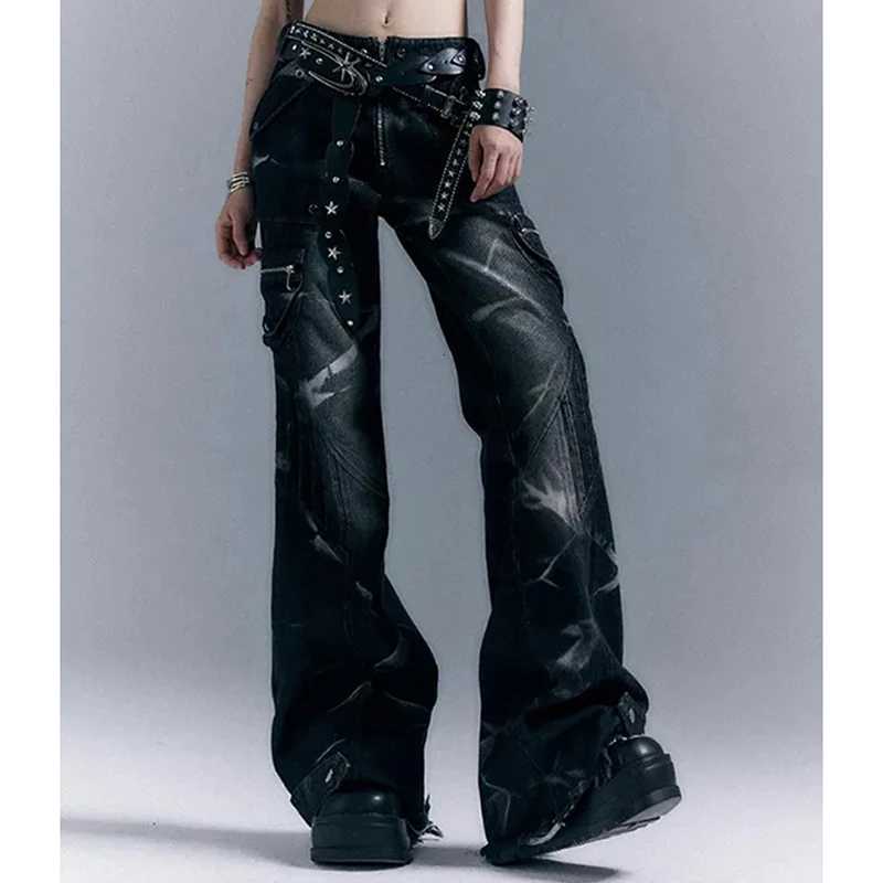 American Streetwear Grunge Flare Jeans Women Low Rise Riveted Gothic Vintage Denim Pants Harajuku Y2K Punk Slim Trousers R250716