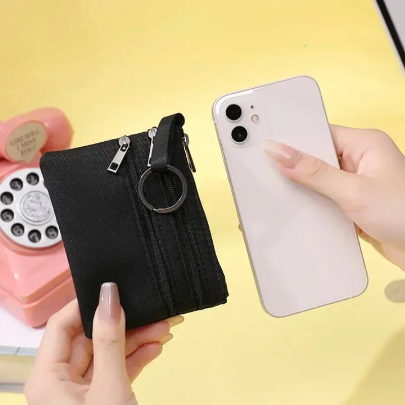 Women's 3 Zippers Canvas Purse Mini Wallet Solid Change Purses With Keychain Money Bags Coin Key Storage Bag