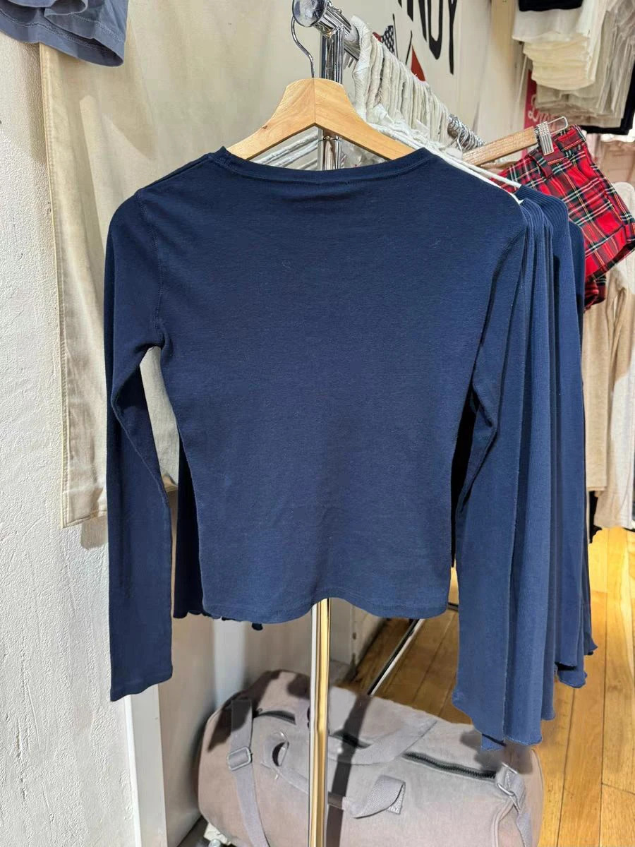 Letter Embroidery Long Sleeve T-shirt Woman Autumn Round Neck Cotton Slim Tee Shirt Navy Vintage Streetwear Sweet Tshirt Y2k Top 250717