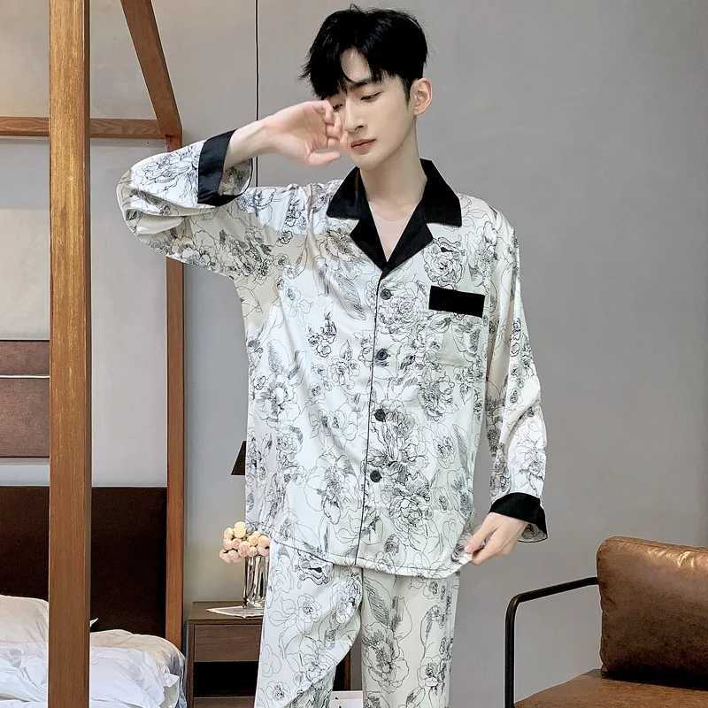 High Quality Satin Printed Pajamas Set Mens Nightwear Ice Silk Long Sleeve Loose Thin Teen Home Clothing Wear Suit Male Pajamas W250717