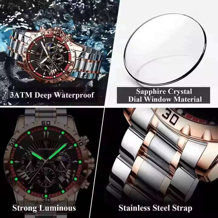 DHwatches Men's Sports Chronograph Watch - 30M Waterproof Stainless Steel Quartz Wristwatch with Moon Phase & Date (Model 968)