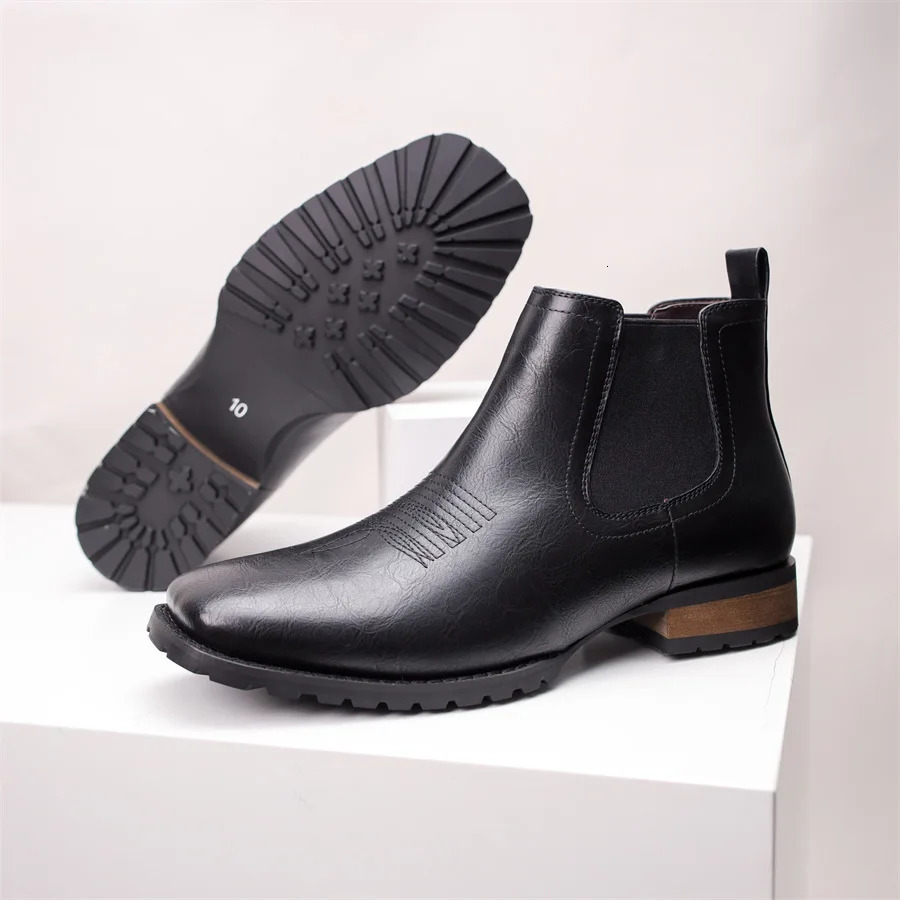 Embroidered Western Cowboy Boots Low Cut Square Toe Thick Heel Mens Chelsea Boots 250715
