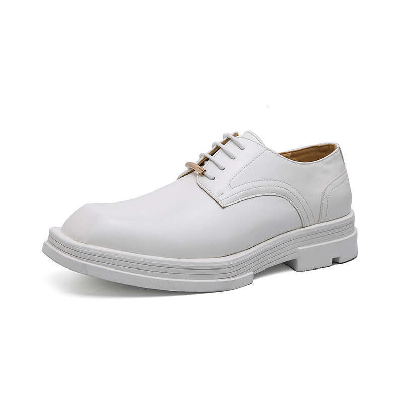Business Formal New Men's Square Toe Casual Korean Style Trendy Hairstylist Thick Sole White Wedding Leather Shoes