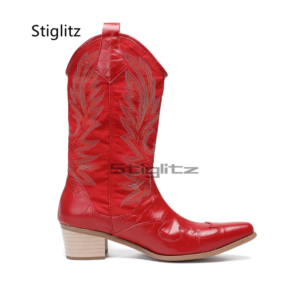 Totem Embroidery Western Cowboy Boots for Men Red Retro Mid-Calf Boots 6Cm Pointed Toes Mens Shoes Genuine Leather Winter Boots 250715