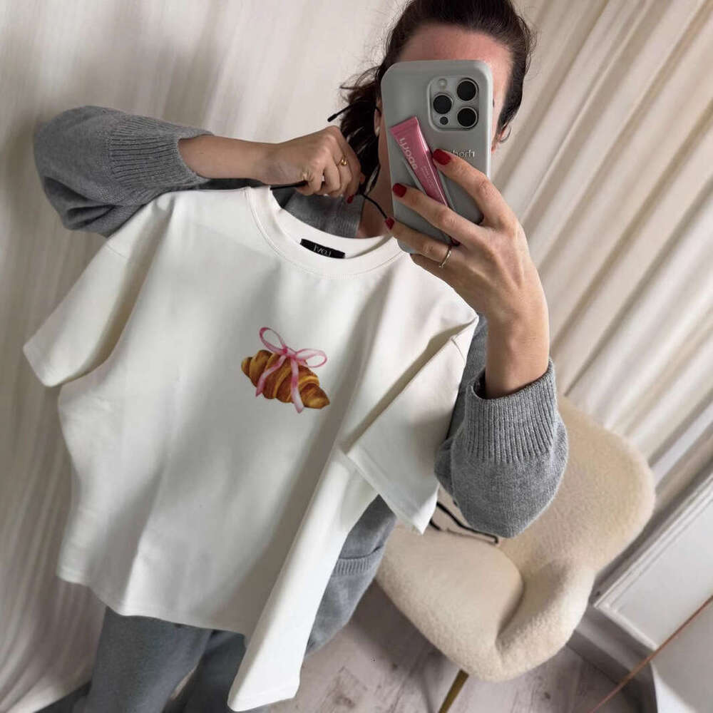 Simple Bowknot Print T-Shirt For Women Summer Versatile Loose Round Neck Pure Cotton Short Sleeve B5