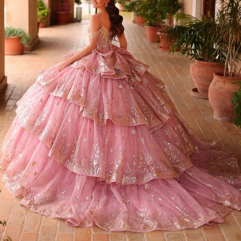 Pink Quinceanera Dresses Ball Gown Off The Shoulder Applique Lace Beads Bow Tiered Tull Party Birthday Sweet 16 Dress Vestidos 15 De Anos