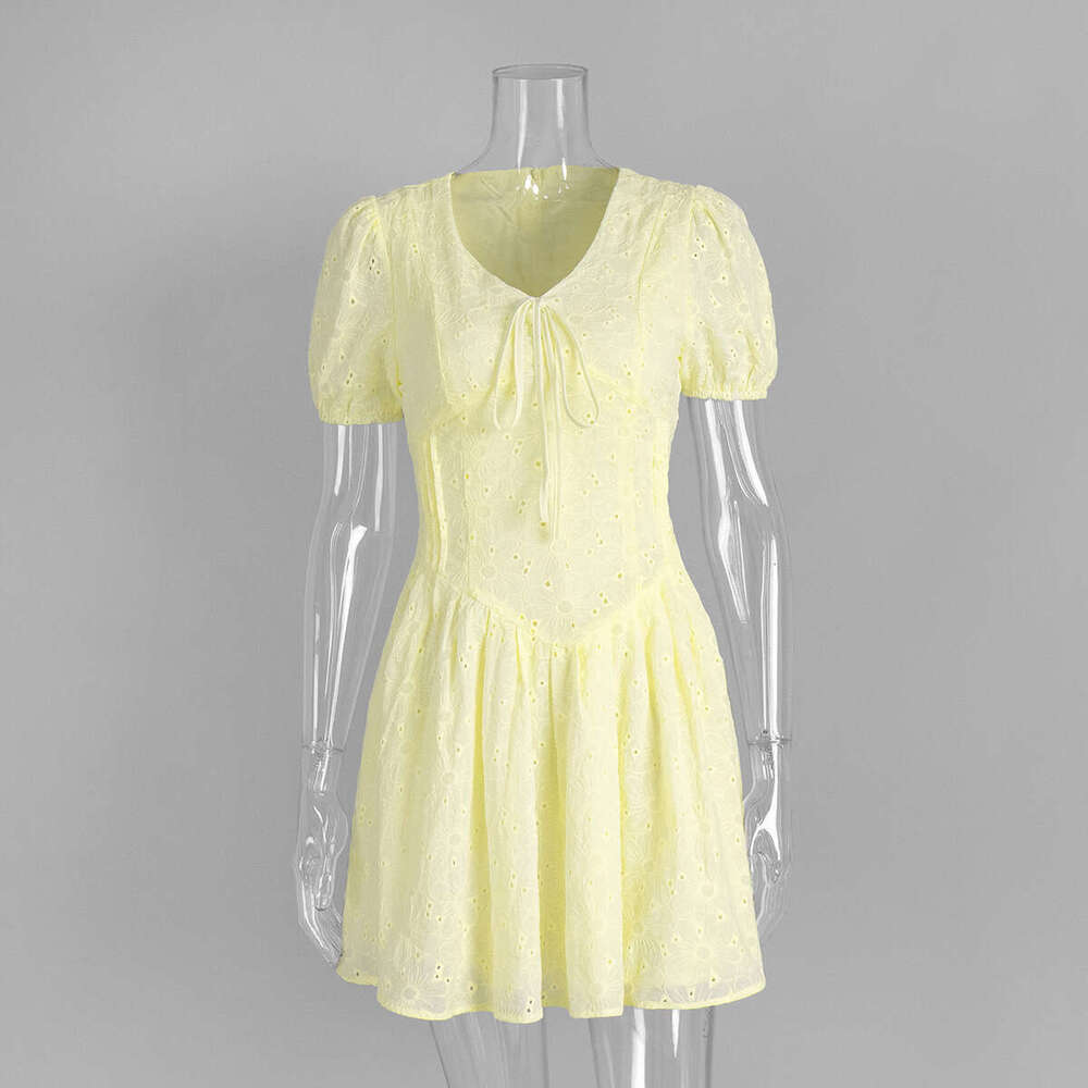 Pure Cotton Yellow Summer New Waist-Tied Sexy Embroidered Short Dress B5