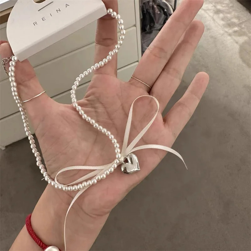 Korean Romantic Pearl Beaded Choker Heart-Shaped Pendant Necklace Banquet Wedding Jewelry 250715