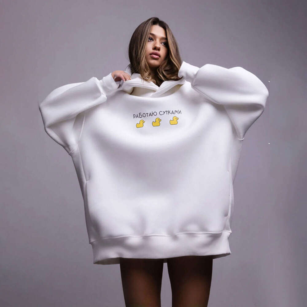 Mid-Length Hooded Sweatshirt Autumn Winter Women Three Ducks Print Loose Casual Hoodie B5
