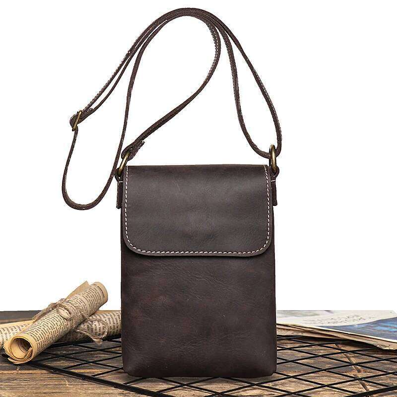 Retro Flip Black Small Shoulder for Men Genuine Leather Sling Crossbody Bags Minority Design Man Simple Mobile Phone Bag