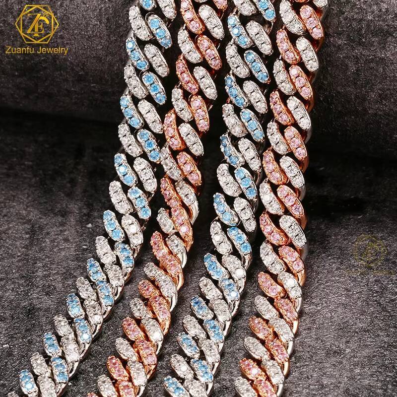 Wholesale Jewelry 8MM Gold Silver Rainbow Pink Blue VVS Moissanite Diamond Cuban Chain Miami Cuban Chain