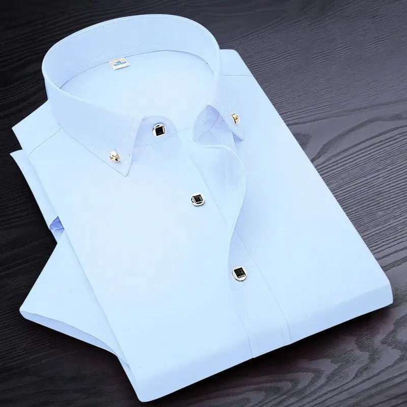 High Quality Nonironing Men Dress Shirt Short Sleeve Solid Male Clothing Fit Business Shirts White Blue Navy Black Red 250708