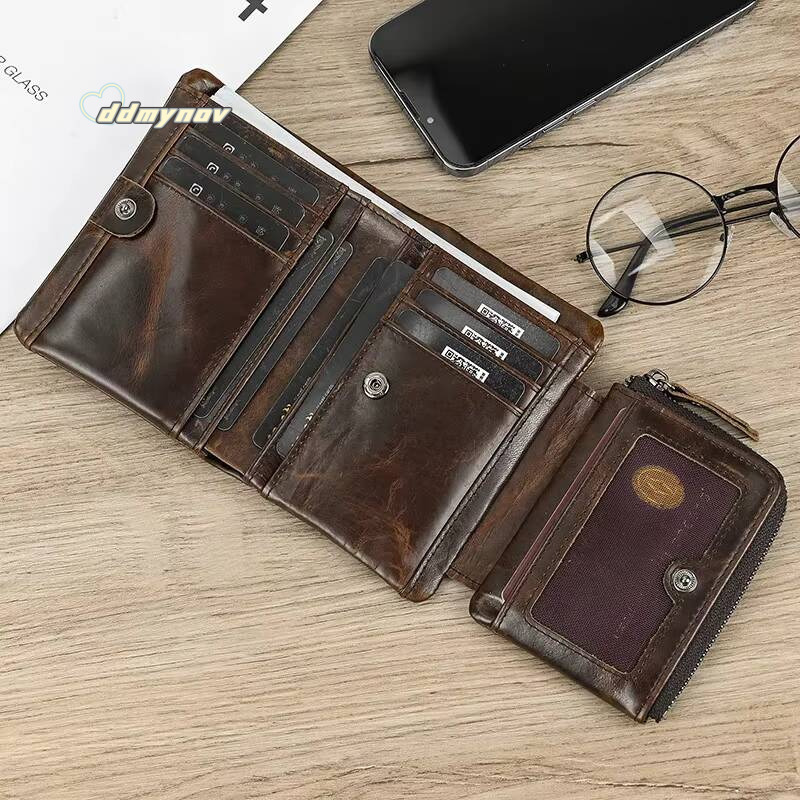 Newsbirds Card Bifold Coins Holder Short Purse Male Leather Mens Real Cowskin Zipper Wallet ddmynov