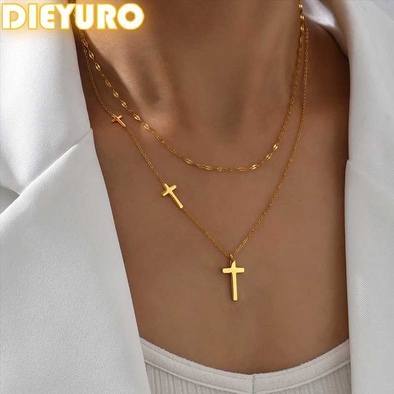 DIEYURO 316L Stainless Steel Golden Fashion Cross Double-layer Necklace For Women Girl Trend New Neck Chain Jewelry Party Gift W250528